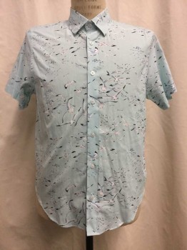 PETER WERTH, Lt Blue, White, Dusty Blue, Navy Blue, Tan Brown, Cotton, Polyester, Novelty Pattern, Lt Blue with White/multi Blue/tan  Seagull Print, Button Front, Collar Attached, Short Sleeve,