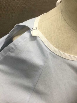 SHAMRON MILLS, Lt Blue, White, Polyester, Cotton, Solid, Solid Light Blue with White Edging at Neck, Short Sleeves, Snap Closures at Shoulders, Self Tie Center Back Neck