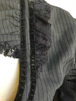 SPIN DOCTOR, Charcoal Gray, White, Black, Polyester, Viscose, Stripes - Pin, Long Sleeves, Charcoal + White Pinstripe Body W/Black Velvet Trim & Lacing/Ties At Flared Sleeves, Each Side Of Front Waist, & Center Back, Black Lace Trim At Hem, Cuffs & Neck, High Ruffled Neck, Deep V Neck, Center Front Zipper