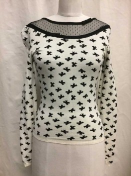RED VALENTINO, Cream, Black, Viscose, Polyester, Novelty Pattern, Cream, Black Bow Print, Black Polka Dot Lace Neck with Black Trim and Two Bows, Round Neck,  Long Sleeves,