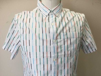 PENGUIN, White, Teal Blue, Green, Terracotta Brown, Gray, Cotton, Geometric, Stripes - Vertical , White with Blue Sky, Light & Dark Gray, Green, Terracotta Thin Vertical Rectangle Print, Collar Attached, Button Down, Button Front, 1 Pocket, Short Sleeves,