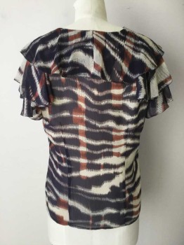 Womens, Blouse, JONES NY, Khaki Brown, Brown, Navy Blue, Polyester, Abstract , 8, Polyester Chiffon Plisse in Bold Abstract Print, V.neck, Button Front with Self Ruffled Collar Band and Center Front, Short Sleeves,