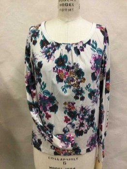 LANDS END, Lt Gray, Multi-color, Cotton, Synthetic, Abstract , Floral, Lt Gray, Multi Color Floral Print, Pleated Round Neck, Long Sleeves,