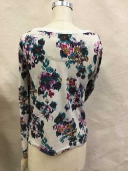 Womens, Top, LANDS END, Lt Gray, Multi-color, Cotton, Synthetic, Abstract , Floral, XS, Lt Gray, Multi Color Floral Print, Pleated Round Neck, Long Sleeves,