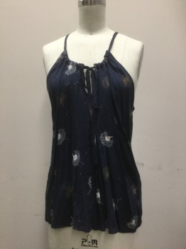 MELROSE, Navy Blue, Brown, White, Rose Pink, Rayon, Floral, Shell. Dandylion Print of White Brown and Rose on Navy Background. Drawstring Halter with Self Tie at Center Front, & Inverted Pleat Detail at Center Front,
