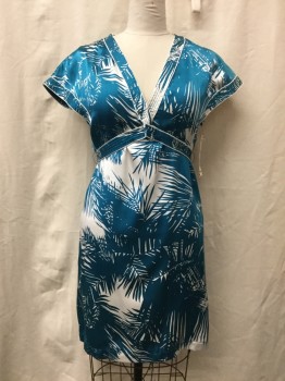 Womens, Dress, Short Sleeve, PROEZA SCHULER, White, Turquoise Blue, Silk, Polyester, Hawaiian Print, L, V-neck, Cap Sleeves, Neck Trim Knots at Bust and Becomes Belt That Ties in Back, Piped Stitched Trim on Sleeves As Well