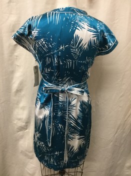 Womens, Dress, Short Sleeve, PROEZA SCHULER, White, Turquoise Blue, Silk, Polyester, Hawaiian Print, L, V-neck, Cap Sleeves, Neck Trim Knots at Bust and Becomes Belt That Ties in Back, Piped Stitched Trim on Sleeves As Well