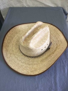 Mens, Cowboy Hat, RESISTOL, Oatmeal Brown, Heathered, 7 1/4, Brown & Cream Leather Novelty Braided Headband. Brown Grosgrain Trim Brim