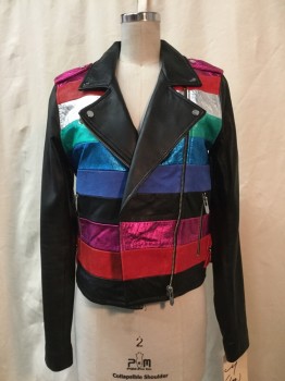 Womens, Leather Jacket, THE MIGHTY COMPANY, Black, Multi-color, Leather, Stripes, M, Black, Metallic Hot Pink/ Red/ Silver/ Metallic Blue/ Blue/ Metallic Green Stripes, Biker Style, Zip Front, Zip Pockets