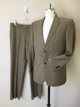 Mens, Suit, Jacket, TOMMY HILFIGER, Taupe, Synthetic, Heathered, 44R, 2 Button Single Breasted, 1 Welt Pocket, 2 Pockets with Flaps, 2 Slits at Back