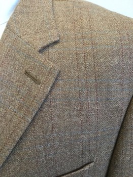 Mens, Sportcoat/Blazer, MICHAEL KORS, Lt Brown, Brown, Gray, Wool, Acetate, Plaid, 42L, 3 Button Single Breasted, Notched Lapel, 2 Pockets with Flaps, 1 Welt Pocket. 2 Slits at Back