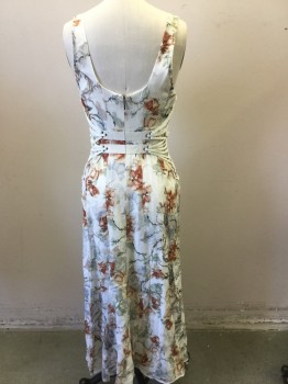HAUTE HIPPIE, White, Rust Orange, Slate Blue, Sage Green, Black, Silk, Floral, Tank Style Top, A-line, Back Zipper, White Canvas Dbl Waist Strap Applique with Shoe Lace Ties Lacing Up Sides, White Lining