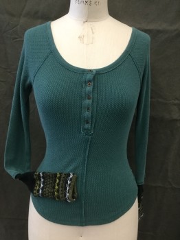 FREE PEOPLE, Green, Dk Green, White, Yellow, Cotton, Polyester, Heathered, Heather Green Waffle, Large Wide Round Neck,  5 Brass Button Front, Raglan Long Sleeves, with 8" Panel Knit Dark Green with Heather with White/Olive/Yellow Stripes, Center Front and Center Back Seams