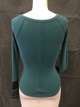 Womens, Top, FREE PEOPLE, Green, Dk Green, White, Yellow, Cotton, Polyester, Heathered, XS, Heather Green Waffle, Large Wide Round Neck,  5 Brass Button Front, Raglan Long Sleeves, with 8" Panel Knit Dark Green with Heather with White/Olive/Yellow Stripes, Center Front and Center Back Seams