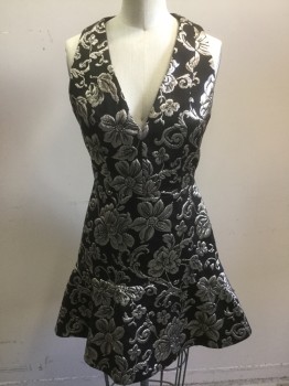Womens, Cocktail Dress, ALICE & OLIVIA, Black, Silver, Polyester, Acrylic, Floral, W:26, B:32, H:32, Black with a Silver Floral Brocade, V-neck, Cut Away Racer Back, Back Zipper, Flared Skirt