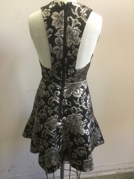 Womens, Cocktail Dress, ALICE & OLIVIA, Black, Silver, Polyester, Acrylic, Floral, W:26, B:32, H:32, Black with a Silver Floral Brocade, V-neck, Cut Away Racer Back, Back Zipper, Flared Skirt