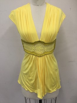 SKY, Yellow, Rayon, Spandex, Solid, Deep V-neck, Cap sleeve, Gathered at Waist, Lemon Crochet Knit Waistband with Yellow Leather Blanket Stitched Trim