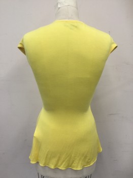 Womens, Top, SKY, Yellow, Rayon, Spandex, Solid, S, Deep V-neck, Cap sleeve, Gathered at Waist, Lemon Crochet Knit Waistband with Yellow Leather Blanket Stitched Trim