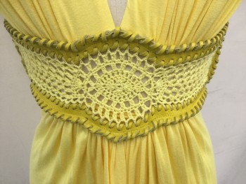 Womens, Top, SKY, Yellow, Rayon, Spandex, Solid, S, Deep V-neck, Cap sleeve, Gathered at Waist, Lemon Crochet Knit Waistband with Yellow Leather Blanket Stitched Trim