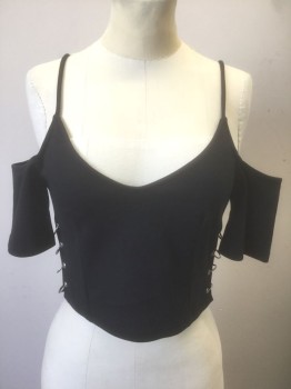 TOP SHOP, Black, Poly/Cotton, Elastane, Solid, Jersey, Silver Metal Rings at Sides, Spaghetti Straps with Off the Shoulder Short Sleeves, Cropped Length, V-neck