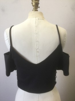 Womens, Top, TOP SHOP, Black, Poly/Cotton, Elastane, Solid, 6, Jersey, Silver Metal Rings at Sides, Spaghetti Straps with Off the Shoulder Short Sleeves, Cropped Length, V-neck