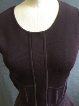 Womens, Top, A L C , Plum Purple, Rayon, Solid, S, Knit, Crew Neck, Sleeveless, Panel Down Front with Stripe Like Detail, Peplum, Gold Back Zipper