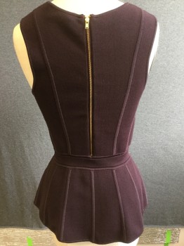 A L C , Plum Purple, Rayon, Solid, Knit, Crew Neck, Sleeveless, Panel Down Front with Stripe Like Detail, Peplum, Gold Back Zipper