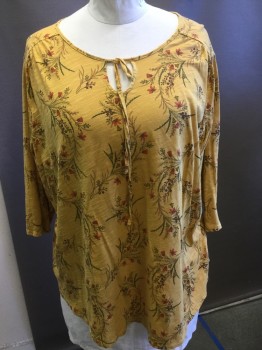 ST JOHNS BAY, Goldenrod Yellow, Red, Orange, Gray, Cotton, Polyester, Floral, Boat Neck with Tie and Keyhole, Short Sleeves,