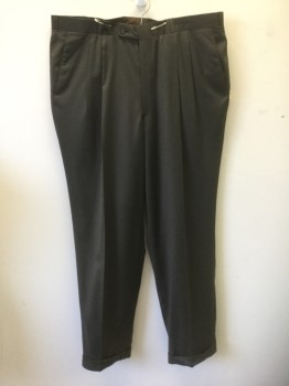 WOODY WILSON, Dk Brown, Poly/Cotton, Solid, Double Pleated, Button Tab Waist, Double Belt Loops, Zip Fly, 4 Pockets, Relaxed Leg, Cuffed Hems, 90's/00's