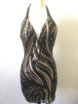 Womens, Cocktail Dress, WINDSOR, Black, Gold, Polyester, Sequins, Abstract , S, Black Stretch Polyester with Black and Gold Sequins in Abstract Swirls Pattern, Halter Neck, Mini Length, Club Dress