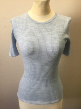 THEORY, Lt Blue, Wool, Cotton, Heathered, Solid, Very Light Weight Rib Knit, 1/2 Sleeves, Round Neck, Form Fitting