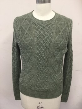 Mens, Pullover Sweater, BANANA REPUBLIC, Sage Green, Linen, Cable Knit, S, Crew Neck, Long Sleeves, Ribbed Knit Collar/Cuff/Waistband