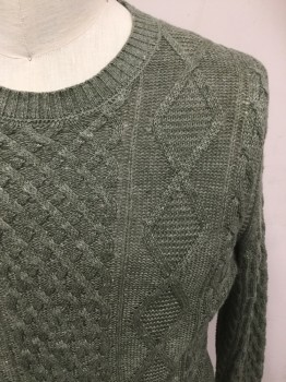 Mens, Pullover Sweater, BANANA REPUBLIC, Sage Green, Linen, Cable Knit, S, Crew Neck, Long Sleeves, Ribbed Knit Collar/Cuff/Waistband