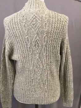 Mens, Pullover Sweater, BROOKS BROTHERS, Gray, White, Yellow, Black, Wool, Solid, M, Rib Knit Mock Button Neck, Cableknit/rib Knit/chain Knit