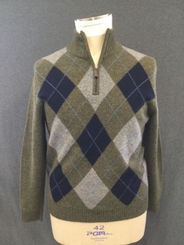 Mens, Pullover Sweater, J. CREW, Forest Green, Navy Blue, Gray, Periwinkle Blue, Wool, Argyle, L, Forest Green Mottled with Black, Argyle Front, 1/2 Zip, Long Sleeves, Ribbed Knit Stand Collar/Cuff/Waistband