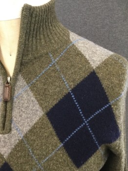 J. CREW, Forest Green, Navy Blue, Gray, Periwinkle Blue, Wool, Argyle, Forest Green Mottled with Black, Argyle Front, 1/2 Zip, Long Sleeves, Ribbed Knit Stand Collar/Cuff/Waistband