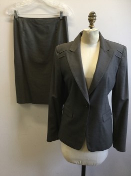 Womens, Suit, Jacket, ELIE TAHARI, Brown, Wool, Cotton, Heathered, 4, Grrayish Brown. Single Breasted, Collar Attached, Peak Lapel, Hand Picked Collar/Lapel, 2 Darts From Sleeve Inset Towards Center Front and Center Back, 2 Flap Pockets, 1 Button
