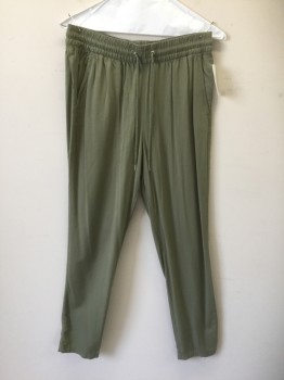 H&M LOGG, Sage Green, Viscose, Lyocell, Solid, Elastic Waist with Drawstrings in Silver Grommets at Center Front Waist, Tapered Leg, 4 Pockets