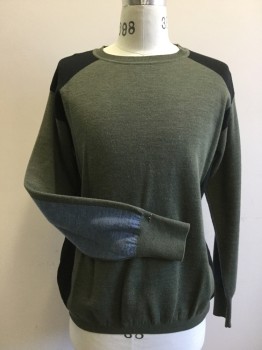 Mens, Pullover Sweater, MARNI, Olive Green, Lt Blue, Black, Wool, Color Blocking, M, Olive with Black Shoulders/Sides, Light Blue UnderSleeve, Ribbed Knit Crew Neck/Cuff/Waistband