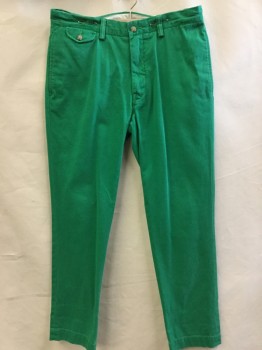 Mens, Casual Pants, POLO RL, Green, Cotton, Solid, 31, 33, Green, Flat Front, Zip Front, 4 Pockets
