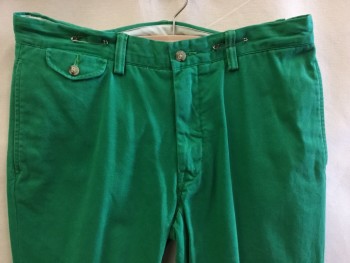 Mens, Casual Pants, POLO RL, Green, Cotton, Solid, 31, 33, Green, Flat Front, Zip Front, 4 Pockets