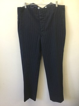 Mens, Historical Fiction Pants, N/L MTO, Navy Blue, White, Wool, Stripes - Pin, Ins:31, W:38, Navy with White and Blue Speckled/Dotted Pinstripes, Flat Front, Button Fly, 2 Pockets, Suspender Buttons at Inside Waist, Made To Order Reproduction