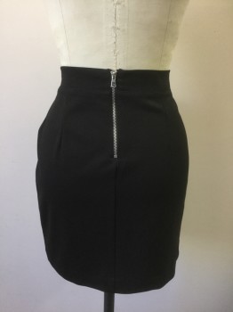 Womens, Skirt, Mini, BEBE, Black, Rayon, Nylon, Solid, M, Stretch Ponte, 1.5" Wide Self Waistband, Wrapped Asymmetrical Detail in Front, Silver Zipper at Center Back
