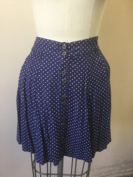 Womens, Skirt, Mini, KIMCHI BLUE, Navy Blue, White, Rayon, Polka Dots, S, 1.5" Wide Self Waistband, Elastic Waist in Back, Gold and Navy Buttons in Groups of 2 at Center Front, 2 Side Pockets, Flared Shape