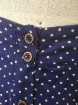 Womens, Skirt, Mini, KIMCHI BLUE, Navy Blue, White, Rayon, Polka Dots, S, 1.5" Wide Self Waistband, Elastic Waist in Back, Gold and Navy Buttons in Groups of 2 at Center Front, 2 Side Pockets, Flared Shape