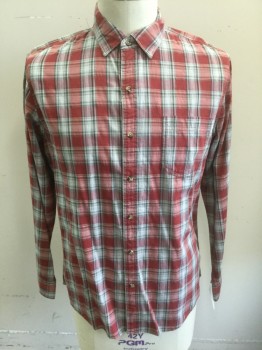 G.H.BASS & CO, Red, Faded Red, Gray, Lt Gray, Cotton, Plaid, Long Sleeve Button Front, Collar Attached, 1 Patch Pocket