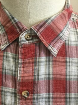 G.H.BASS & CO, Red, Faded Red, Gray, Lt Gray, Cotton, Plaid, Long Sleeve Button Front, Collar Attached, 1 Patch Pocket