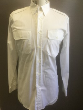RALPH LAUREN, White, Cotton, Spandex, Solid, Long Sleeve Button Front, Collar Attached, Epaulettes at Shoulders, 2 Patch Pockets with Button Flap Closures, Slim Fit