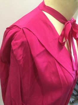 SANDRO, Fuchsia Pink, Silk, Solid, V-neck, Extra Placket Center Front From Shoulders, Band Tie Collar, Pleated at Shoulders