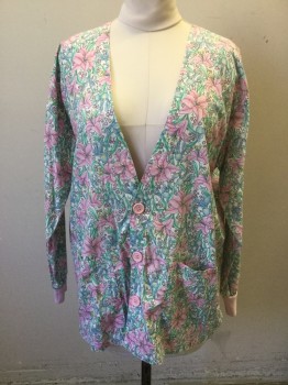 Womens, Scrub Jacket Women, S.C.R.U.B.S., Pink, Green, Lt Blue, White, Lt Yellow, Cotton, Floral, M, Pink Lily Pattern, Low Cut Button Front, 2 Pockets, Long Sleeves, Lt Pink Ribbed Knit Cuff